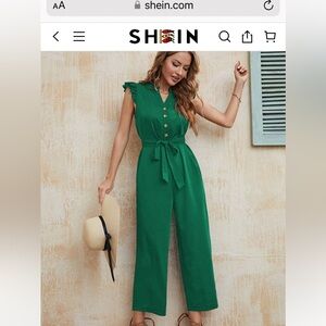 SHEIN Ruffle Sleeve Button Front Belted Jumpsuit